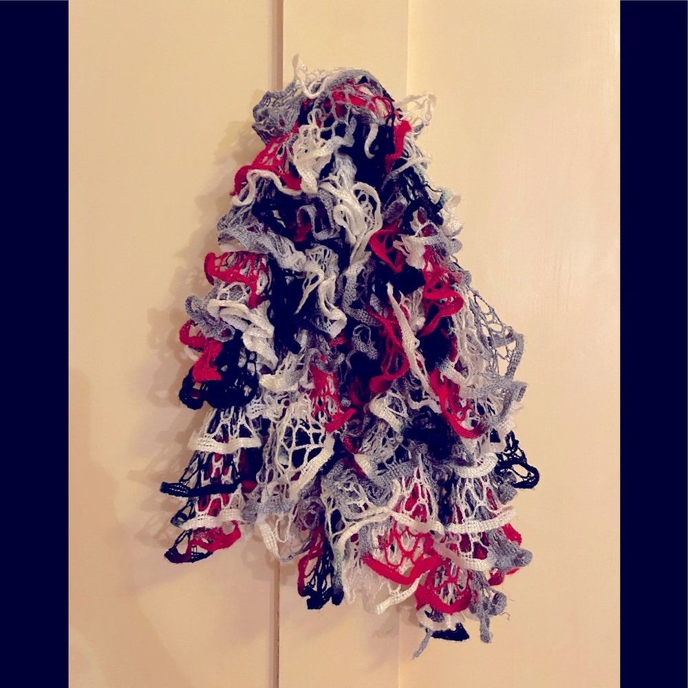 Red white and blue crocheted scarf